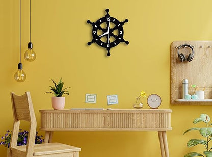 Ship Wheel Shape Metallic Wall Clock for Home & Office – Stylish Black Analog Design, Modern Decorative Wall Clock (33 x 33 cm) | Battery Included