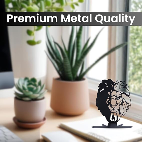 Lion Face Metal Table Decor | Matte Black Tabletop Showpiece | Modern Home Office Desk Living Room Décor Sculpture | Artistic Symbolic Decorative Accent