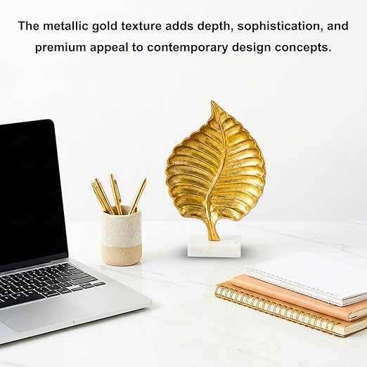 Aluminium Leaf Decorative Showpiece with Marble Base | Gold Finish Modern Tabletop Decor for Living Room Office & Bedroom | Elegant Artistic Home Decor Accent