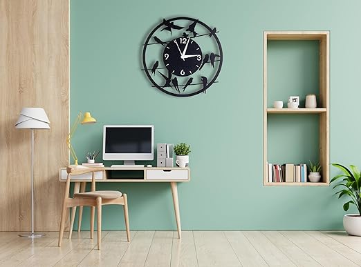 Birds On Wire Metallic Analog Wall Clock | Stylish Big Home & Office Wall Décor (33 x 33 cm) | Black Color | Battery Included
