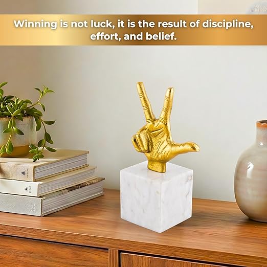 Aluminium Victory Hand Statue with Marble Base | Gold Finish Decorative Showpiece for Living Room, Office & Tabletop | Modern Artistic Home & Office Decor Accent