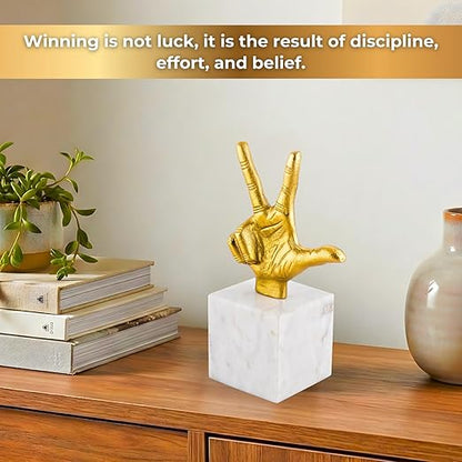 Aluminium Victory Hand Statue with Marble Base | Gold Finish Decorative Showpiece for Living Room, Office & Tabletop | Modern Artistic Home & Office Decor Accent