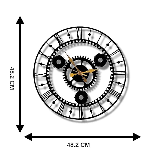 Gold Needle Roman Numerals Gear Metal Analog Wall Clock for Home,Office,Living Room,Bedroom,Kids Room, Kitchen | Big Size Stylish Home Decor| (48.2 X 48.2 CM) | Black (Battery Included)