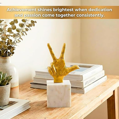 Aluminium Victory Hand Statue with Marble Base | Gold Finish Decorative Showpiece for Living Room, Office & Tabletop | Modern Artistic Home & Office Decor Accent