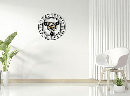 Gold Needle Roman Numerals Gear Metal Analog Wall Clock for Home,Office,Living Room,Bedroom,Kids Room, Kitchen | Big Size Stylish Home Decor| (48.2 X 48.2 CM) | Black (Battery Included)