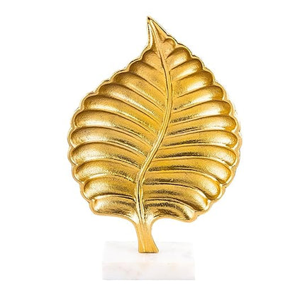 Aluminium Leaf Decorative Showpiece with Marble Base | Gold Finish Modern Tabletop Decor for Living Room Office & Bedroom | Elegant Artistic Home Decor Accent