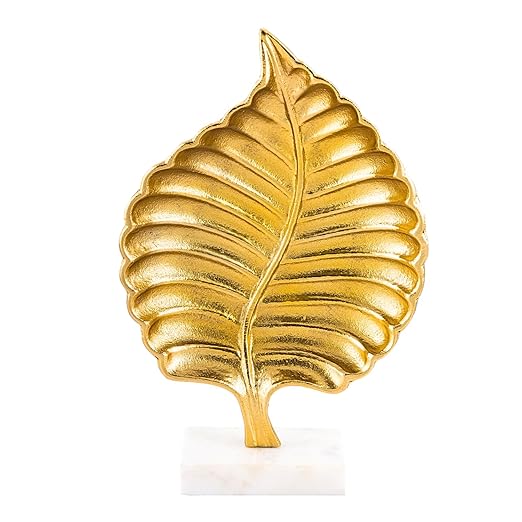 Aluminium Leaf Decorative Showpiece with Marble Base | Gold Finish Modern Tabletop Decor for Living Room Office & Bedroom | Elegant Artistic Home Decor Accent