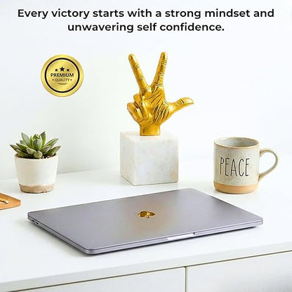 Aluminium Victory Hand Statue with Marble Base | Gold Finish Decorative Showpiece for Living Room, Office & Tabletop | Modern Artistic Home & Office Decor Accent