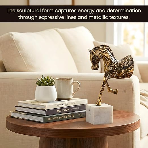 Aluminium Prancing Horse Decorative Sculpture with Marble Base | Elegant Modern Tabletop Art Showpiece for Living Room, Office, Bedroom or Shelf Display | Premium Home Decor Accent
