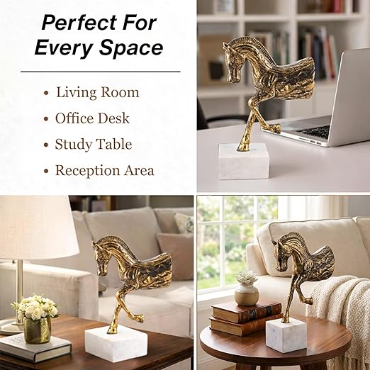 Aluminium Prancing Horse Decorative Sculpture with Marble Base | Elegant Modern Tabletop Art Showpiece for Living Room, Office, Bedroom or Shelf Display | Premium Home Decor Accent