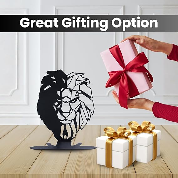 Lion Face Metal Table Decor | Matte Black Tabletop Showpiece | Modern Home Office Desk Living Room Décor Sculpture | Artistic Symbolic Decorative Accent