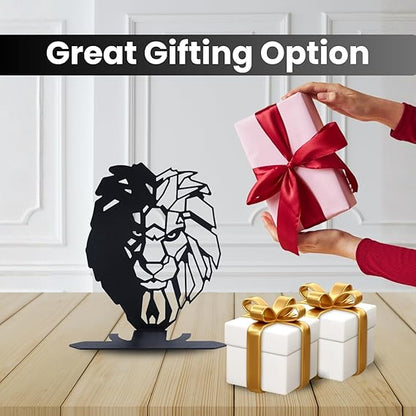 Lion Face Metal Table Decor | Matte Black Tabletop Showpiece | Modern Home Office Desk Living Room Décor Sculpture | Artistic Symbolic Decorative Accent