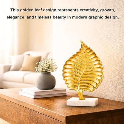 Aluminium Leaf Decorative Showpiece with Marble Base | Gold Finish Modern Tabletop Decor for Living Room Office & Bedroom | Elegant Artistic Home Decor Accent