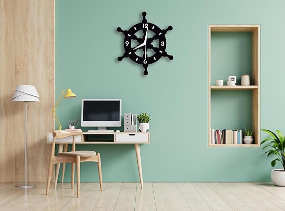 Ship Wheel Shape Metallic Wall Clock for Home & Office – Stylish Black Analog Design, Modern Decorative Wall Clock (33 x 33 cm) | Battery Included