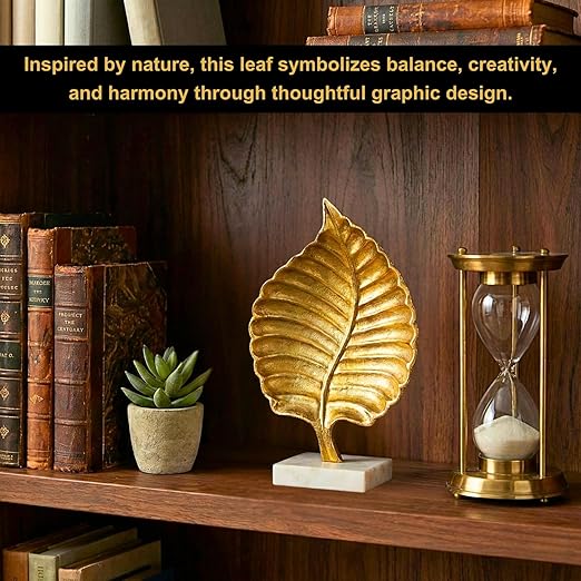 Aluminium Leaf Decorative Showpiece with Marble Base | Gold Finish Modern Tabletop Decor for Living Room Office & Bedroom | Elegant Artistic Home Decor Accent