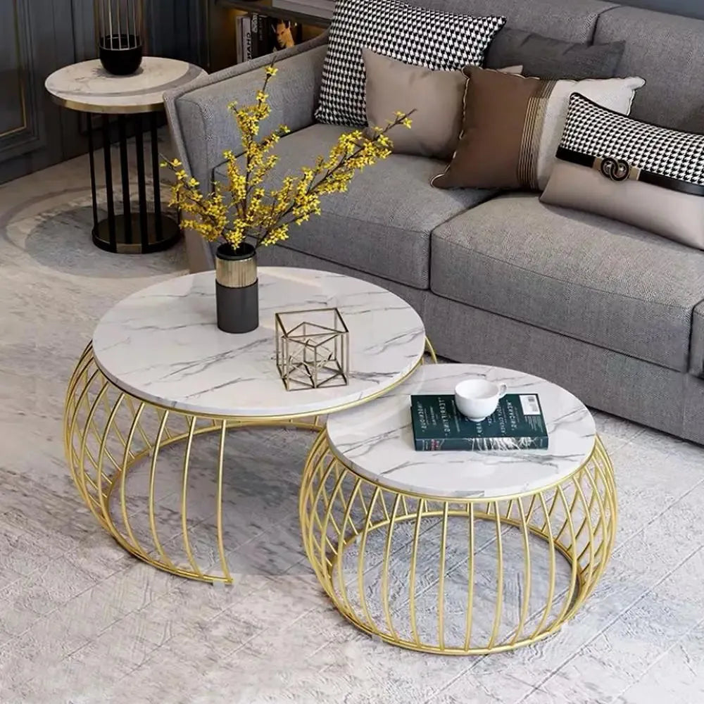 Ornate Round Golden Coffee Table (Set of 2)